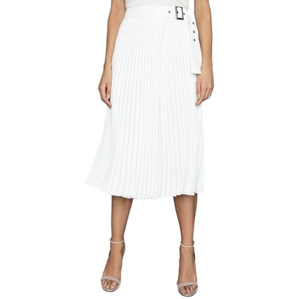 Reiss White Pleated Midi Skirt with Belt